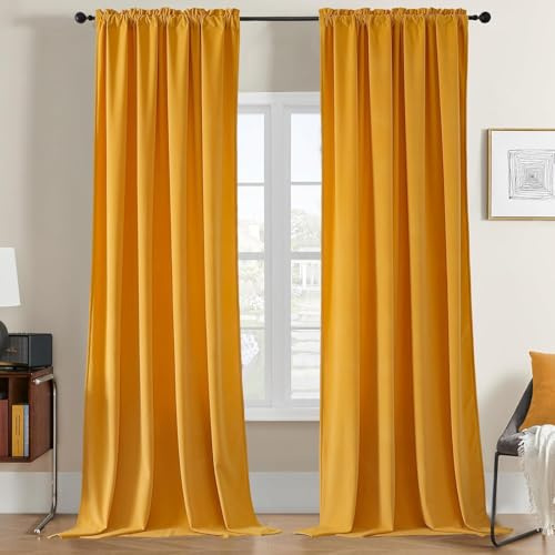 Joydeco Wohnzimmer Samt Gardinen 2er Set H 220 x B 140 Senfgelb Elegant Samtvorhang Verdunklungsvorhänge Thermovorhang Kälteschutz Blickdicht Schlafzimmer