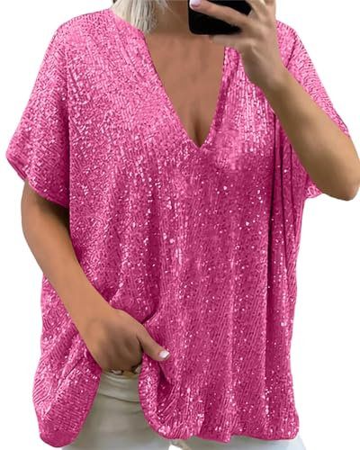 Onsoyours Damen Glänzend Pailletten Langarmshirt Elegant Loose Tops Einfarbige Oberteile Casual Blusen Party Club A Rose Rot 46