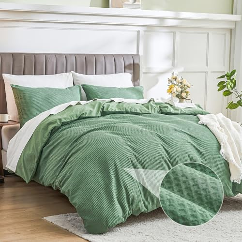 Simple&Opulence Waffle Duvet Cover King Size, 100% Cotton Waffle Bedding with 2 Pillowcases, Soft Breathable Seersucker Quilt Cover Set, Hidden Button Closure (230x220cm,Forest Green)