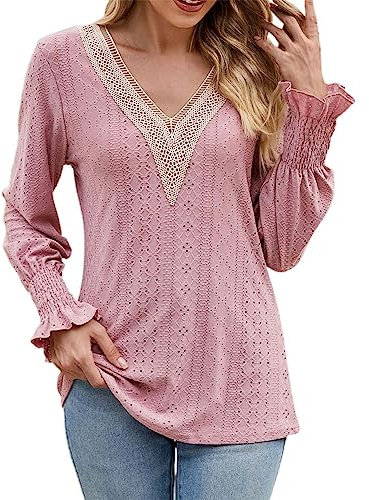 HOOUDO Sale Angebote Sale Angebote Damen Langarm-T-Shirts für Damen, V-Ausschnitt, Spitze, Patchwork, langärmelig, Freizeithemden, Blusen, Tops Elegante Damen Kurze Ärmel M Sale Angebote Bestellung