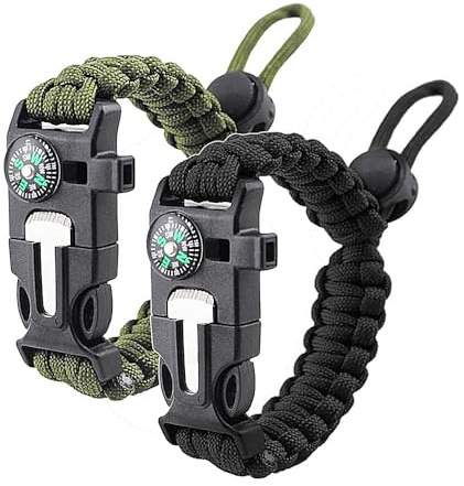 Sarini 2er-Pack Überlebensausrüstung,Militärarmbänder mit Kompass,Feueranzünder und Pfeife,Armband-Kits für Herrenaccessoires und Militärausrüstung für Camping,Wandern,Notfälle in der Wildnis