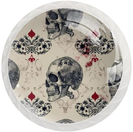 JAVENPROEQT Set di 12 pomelli rotondi con motivo a carte da gioco a forma di teschio, per cassettiera, armadio, armadio, con viti, decorazione per casa, ufficio, cameretta dei bambini
