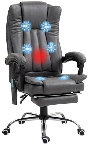Vinsetto Bürostuhl mit Massagefunktion, Ergonomischer Schreibtischstuhl mit Heizfunktion, Liegefunktion, Höhenverstellbarer Drehstuhl mit Fußstütze, Seitentasche, Grau