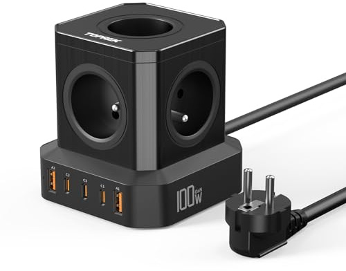 100W PD3.0 USB-C förlängningskabel för kub, TOPREK 5-vägs (16A/4000W) förlängningskabel med flera uttagskontakt med barnsäkerhet FR Desktop 2M, förlängningssladd för hemmets sovsal kontorsresor