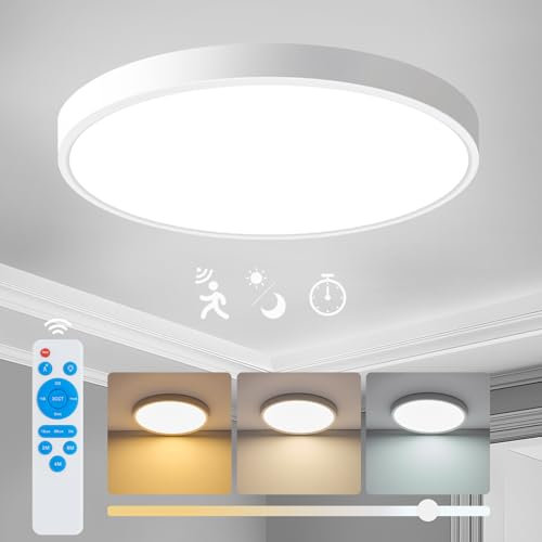 Yafido Plafón con Sensor de Movimiento 24W 2400LM, 3000K-6000K Lampara Techo con Mando a Distancia, Ø30CM Plafon LED Techo, IP44 Lampara LED Techo Modernos para Cocina Baño