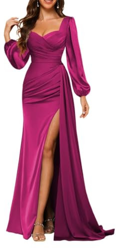 Vestido de dama de honor de satén con manga farol, cuello en V, plisado, vestido largo de sirena, fucsia, 46