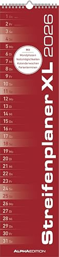 Alpha Edition - Planificador de rayas XL rojo calendario 2026 – 15 x 64 cm – Planificador de pared estrecho – Planificador largo de una sola columna para cocina, oficina y hogar – Con espacio para