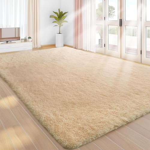 Treeboy Hochflor Teppiche Beige Teppich Wohnzimmer 140x200 Große Waschbar | Wohnzimmerteppich Flauschiger Teppich Waschbar Anti-Rutsch Extra Große Carpet Teppichen für Schlafzimmer Kinderzimmer