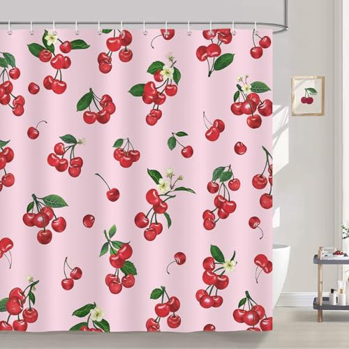 Bonhause Duschvorhang Rote Kirsche Rosa Frucht Aquarell Blätter Duschvorhänge 180 x 180 cm Anti-Schimmel Wasserdicht Polyester Stoff Waschbar Bad Vorhäng für Badzimmer mit 12 Haken