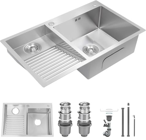 Fregadero De Acero Inoxidable SUS304 Con Tabla De Lavar – Lavadero Grande Para Lavandería, Garaje, Sótano Y Balcón – Montaje Empotrado – Con Kit De Drenaje(Left,80x48cm)