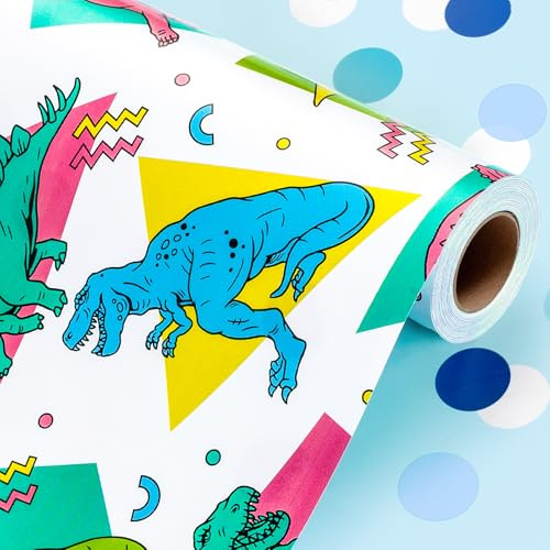 Wikadlik Buntes Dinosaurier-Geschenkpapier - Umkehrbares blaues Punkte-Geschenkpapier für Kinder, Jungen, Geburtstag, Babyparty, Neugeborene - 43 cm x 10 m
