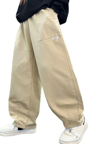 Panegy Ragazzi Pantaloni Cargo Cotone Pantaloni Casual con Tasche Vita Alta Gamba Ampia Streetwear Joggers Baggy Allentato Vintage Dancewear Khaki 13-14 Anni