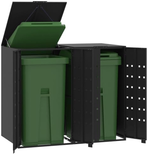 Emmtore Mülltonnenbox 2er Tonnen, Kapazität bis 240L, Aus witterungsbeständig pulverbeschichtetem Stahl mit Automatikdecke, Tonnenhaus, Garten Müllbox,Schwarz,2 * 240 L