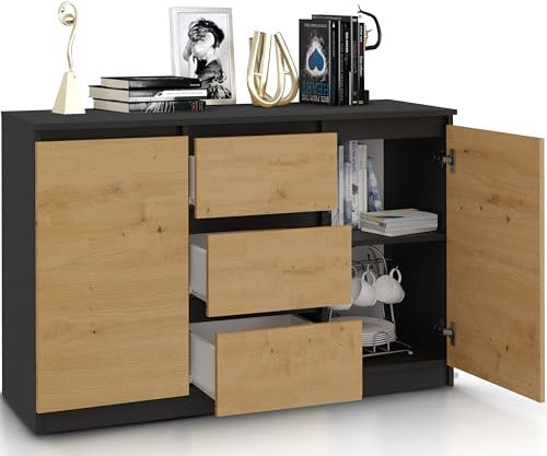 Beneli Kommode Anthrazit 120x40x75 cm, Schubladenkommode mit 3 Schubladen, Modernes Sideboard für Wohnzimmer, Flur & Schlafzimmer Elegantes Design