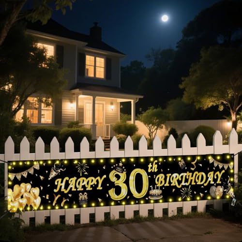 Seutgjie Geburtstagsbanner 30. Geburtstag Deko mit LED Licht 40 * 270CM | Banner 30 Geburtstag Frau Mann Hintergrund Dekoration Gold Schwarz