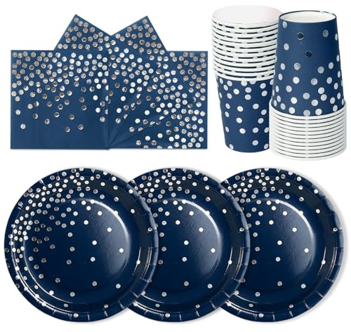 PYAILI Anniversaire Vaisselle de fete 72 Pièces Argent Bleu Foncé Party Assiettes en Papier Set Assiettes de Fête Jetables Papier Tasses Serviettesr, pour Barbecue les Fêtes les Pique-24 Invités