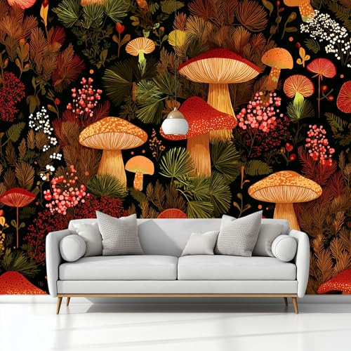 Stile Country Piante Del Bosco Funghi Carta Da Parati 3D Fotomurale 250 x 175 cm Buio Murali, Per Soggiorno Divano Tv Hotel A Tema Corridoio Di Lusso Sfondo Dipinto Murale