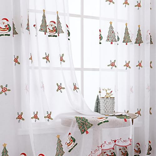 White and Red Christmas Curtains 72 inches Long for Living Room 2 Panels- Embroidered Xmas Tree Santa Floral Patterned Sheer Drapes for Winter Holiday Bedroom Kitchen Window Decoration,Green Gold