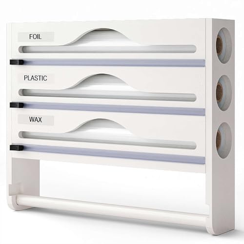 HFSAZJ 5 in 1 Foil Dispenser and Cutter, Foil Films Dispenser and Cutters, Wall-Mount Wood Foil & Cling Dispenser for Foil and Plastic (White 1pcs)