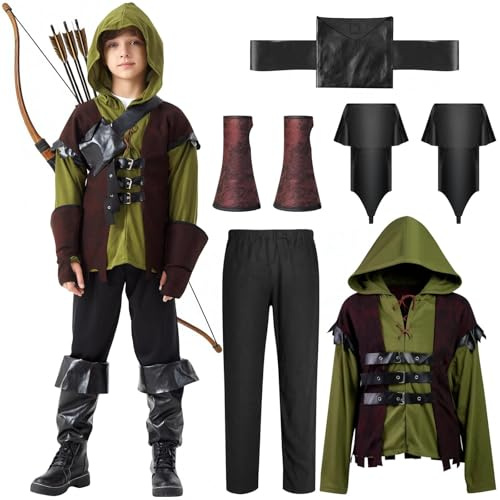 Haozozo Costume Arciere Bambino con Giacca, Pantaloni, Maniche Lunghe, Guanti e Borsa da Cintura, Costume Ideale per Bambini per Carnevale, Cosplay e Spettacoli di Scena (L)