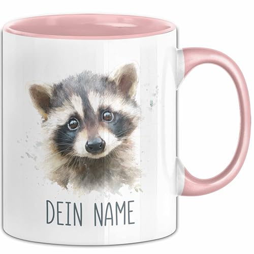 Waschbär Tasse mit Namen – Personalisierte Kaffeebecher Geschenk Tiermotiv Junge Mädchen Becher mit Namen (Rosa)