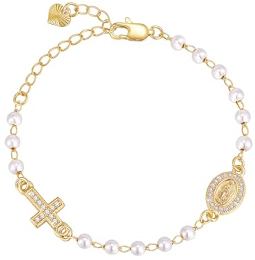 VNOX Catholic Virgin Mary Cross Bracelet 14K Gold Plated Bracelet for Women, Adjustable 6.3+2 Extension, Cross Bracelet for Girls, Catholic Confirmation Baptism Gifts for Girls Women