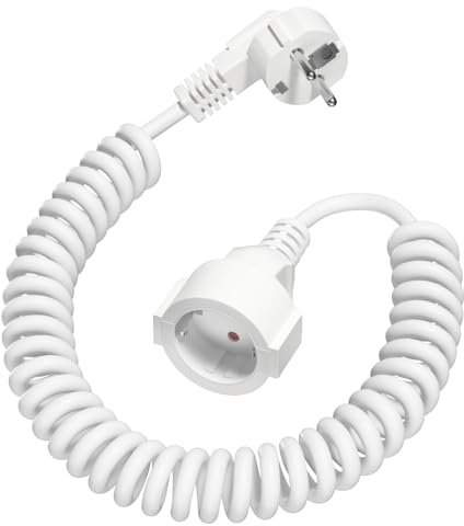 Cable Alargador Espiral de 2M, Cable Espiral Extensible de 0,7M a 2M MAX, IP20(230 V/16 A) Cable de Extensión Schuko para el Hogar, La Oficina, Fábrica, Blanco