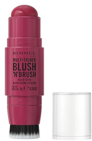 Rimmel London Multi-Tasker Blush'N'Brush Stick, colore modulabile, resistente all'acqua, pennello integrato, scorre facilmente, 8g, 200 FUSHIA GLAM