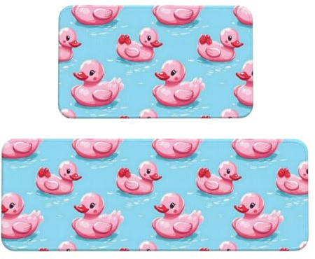 TZTTZT 2 Stück Küchenmatten für Boden, Fliege, Entenrosa Druck, Küchenteppich, rutschfest, waschbar, Anti-Ermüdungsmatten für Küche, Bodenmatte, Teppiche, 2er-Set, Heimdekoration