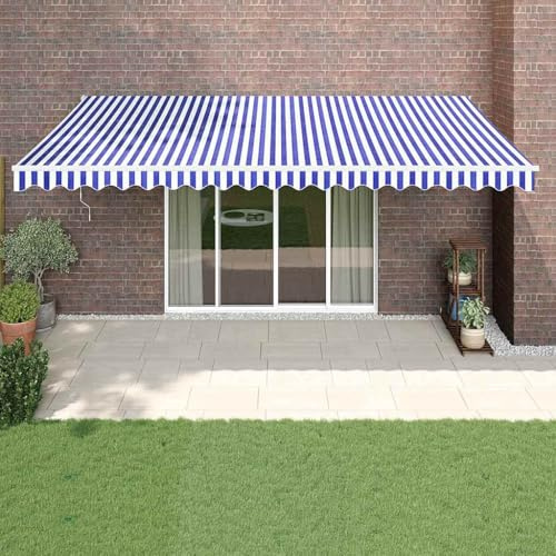 Tenda da sole elettrica con telecomando e manovella, blu e bianco, 5 x 3 m, tessuto resistente ai raggi UV, protezione solare retrattile per terrazza, balcone e giardino, robusta