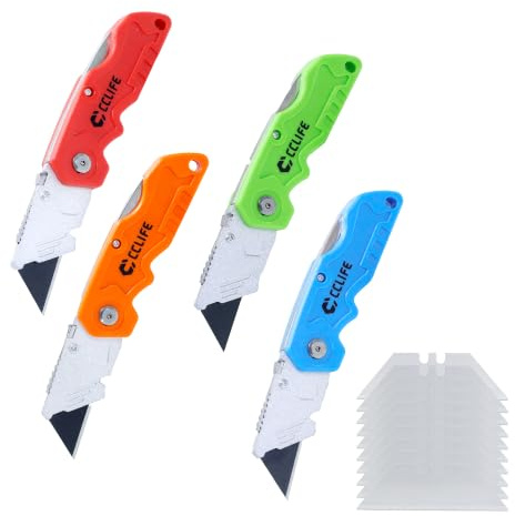 CCLIFE Cuttermesser 4tlg mit 40 Ersatzklingen und Sicherheitsverriegelung | Hochkohlenstoffstahl | Zinklegierung | ABS | 10.2/16.5cm | Gürtelclip | Klingenwechsel | rutschfest | Karton | Holz | Stoff