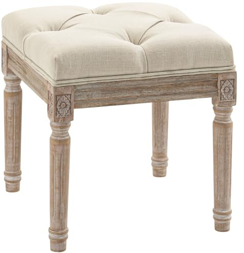 HOMCOM Repose Pied Salon, Ottoman, Siège Rembourré, 40 x 40 x 43 cm, Beige | Tissu Aspect Lin, Pieds en Bois d'Hévéa, Pouf Salon Carré, Chambre à Coucher, Entrée
