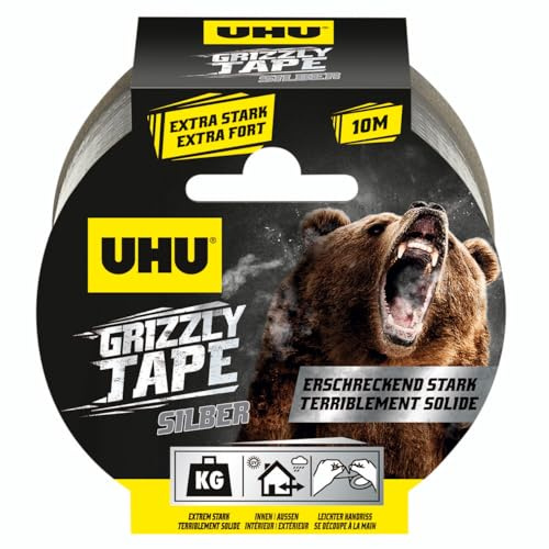 UHU Klebeband Grizzly Tape, Extrem starkes, wiederstandsfähiges & wasserdichtes Gewebeband, 5 cm x 10 m, silber