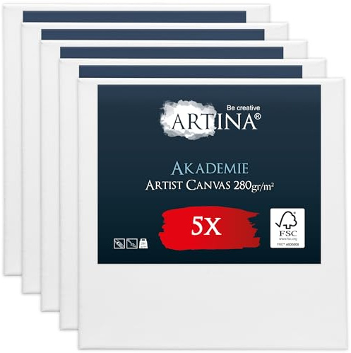 Artina Keilrahmen FSC® 5er Set Leinwand Maltuch aus 100% Baumwolle | 20x20cm Leinwände 280 Keilrahmenset zum Bemalen für Acryl- Aquarell- Ölfarbe uvm 100% Baumwolle Malen Akademie