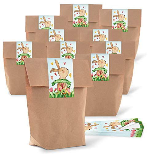Logbuch-Verlag 10 kleine Frohe Ostern Geschenktüten Kraftpapier Papiertüten mit Osterhase Aufkleber Osternest zum Befüllen 14 x 22 cm für Kinder Süßigkeiten