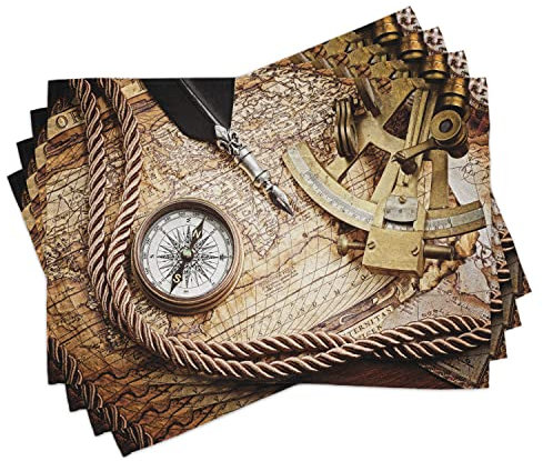 ABAKUHAUS Kompass Platzmatten, Vintage Navigation Voyage Thema Lifestyle Bild mit Sextant und Kompass Discovery Tools, Tiscjdeco aus Farbfesten Stoff für das Esszimmer und Küch, Creme