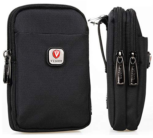 VIIGER Nylon Dual Mobile Phone Holster Versatile Belt Case Holder Mens Belt Pouch w/Clip Smartphone Belt Loop Pouch Bag 2 Zipper Pockets Compatible with iPhone 17 Pro Max 16 Pro Max, black