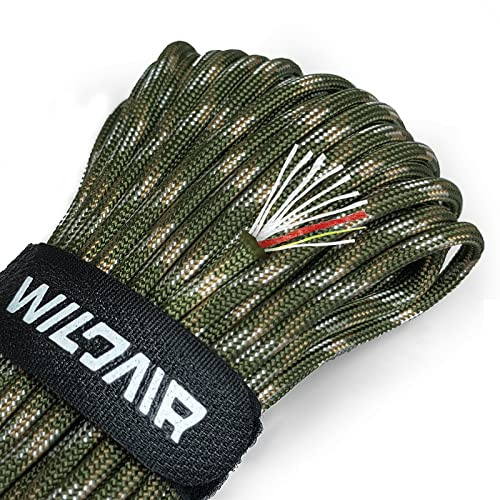 WILDAIR Survival Paracord Parachute Fire Cord Survival Ropes 4-in-1 5/32 Diameter U.S. Military Type III with Integrated Fishing Line, Fire-Starter Tinder (Forest Camo)