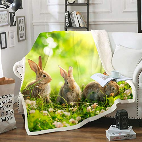 Manta de forro polar para niñas, diseño de conejo en 3D, cobija ideal para sofá, conejos, manta de sherpa, color verde con tema de la naturaleza y difusa para decoración de dormitorio, 127 x 152 cm