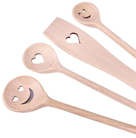 Kochlöffel Herz Gesicht Set, Pfannenwender Herz 30 cm, Holzkochlöffel Augen rund Herzlöffel Basteln Geschenk Valentinstag
