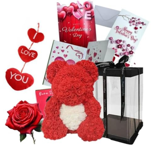 NLIGHTING® Rosenbär Rosenbär Geschenkidee Freundin Plüschbär mit künstlichen Rosen Valentinstagsgeschenk mit weißem Herz