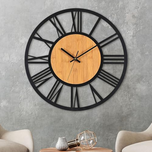 VIVILINEN Wanduhr groß 40cm aus Holz und schwarzem Metall römischen Ziffern | Vintage Wanduhr ohne Tickgeräusche Ausgefallene Wanduhren für Wohnzimmer, Küche, Büro, Quarzwerk, Batteriebetriebene