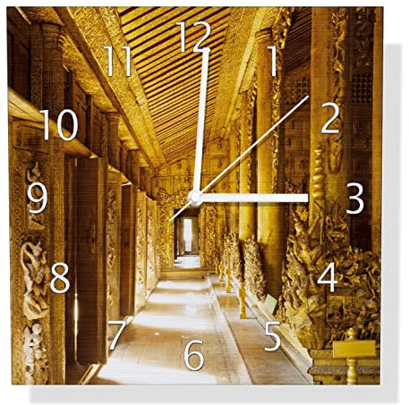 Wallario Design Wanduhr Buddhistischer Tempel aus Holz - Mandaley aus Aluverbund, Alu-Uhr Größe 30 x 30 cm, weiße Zeiger mit Metalloptik