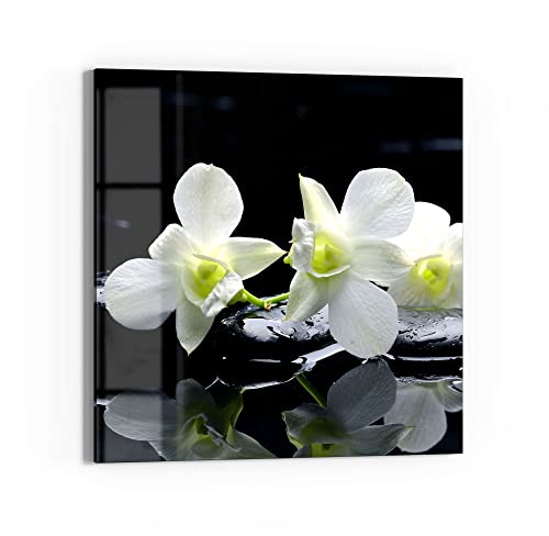 DEQORI Glasbild Echtglas | Motiv Orchidee mit Zen-Steinen | quadratisch einteilig 50x50 cm | schöne Dekoration | Wandbild für Wohnzimmer, Schlafzimmer, Flur & Küche | moderne Wanddeko