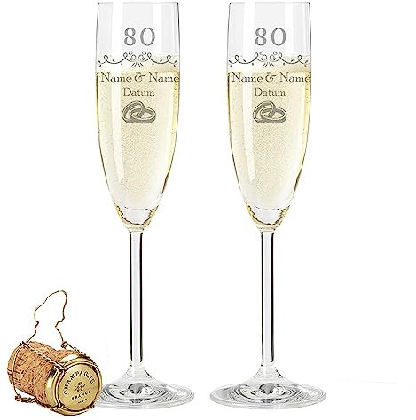 Leonardo Flûtes à champagne avec gravure – Mariage en chêne 80 ans – Personnalisé avec nom et date – Cadeau pour elle et lui pour un mariage, des fiançailles, un anniversaire – Couleur : champagne