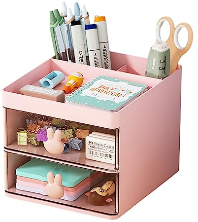 Hggzeg Schreibtischbedarf Organizer mit Schublade, Desktop Schreibwaren Aufbewahrungsbox Bleistifte Stifte Halter für Büro, Schule, Zuhause (Rosa)