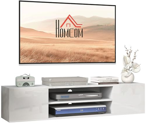 HOMCOM Floating TV Stand Cabinet for TVs up to 60, Wall Mounted TV Unit with Open Shelf, Storage Cupboards and Cable Management for Living Room, White