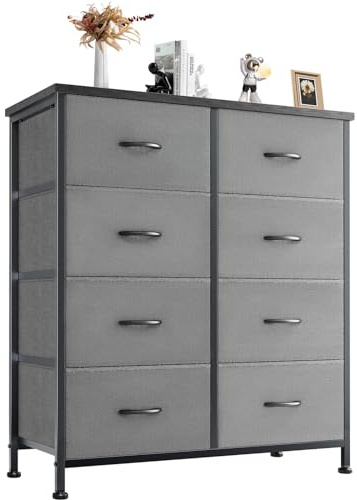 DUMOS Kommode für Schlafzimmer mit 8 Stoffschubladen, hohe Kommode Organizer für Kleidung, Schrank Kinderzimmer, Aufbewahrungsturm mit Schrank, Metallrahmen, Holzplatte, leichte Kinderzimmermöbel