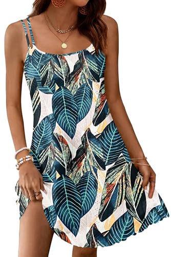 WNEEDU Sommerkleid Damen Eyelet Ärmelloses Spaghettiträger Strandkleid Hohl Mini Kleid Blattdruck L