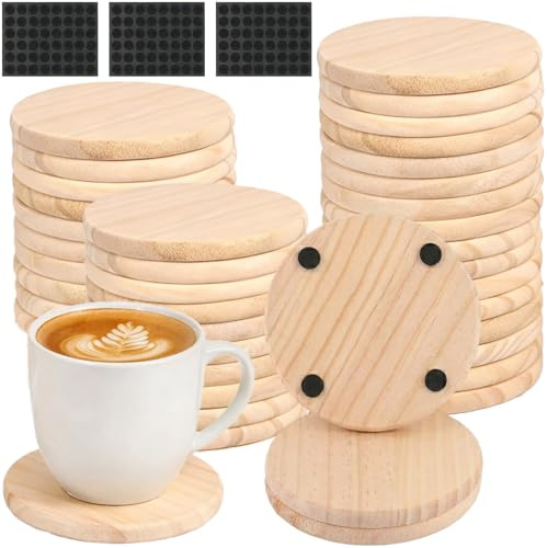 SHUESS 36er Holzuntersetzer Rund 10cm, Blanko Untersetzer Holz mit Rutschfesten Pads, Glasuntersetzer Holz Natur-Kiefernholz Untersetzer Gläser für Getränke, DIY Basteln und Tassenuntersetzer Coasters